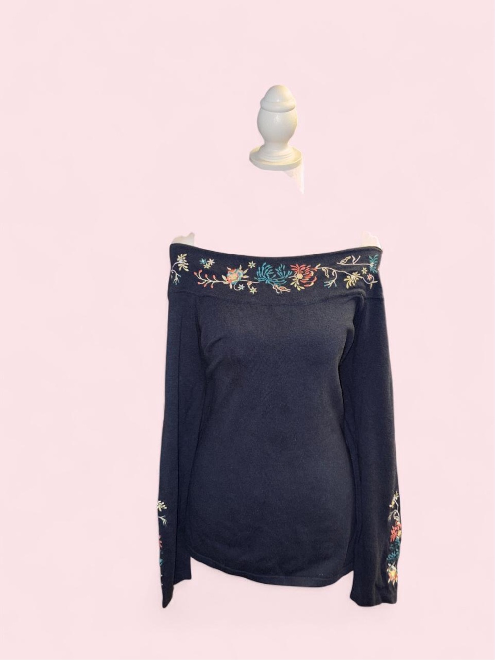 Embroidered Off-Shoulder Black Women's Sweater
